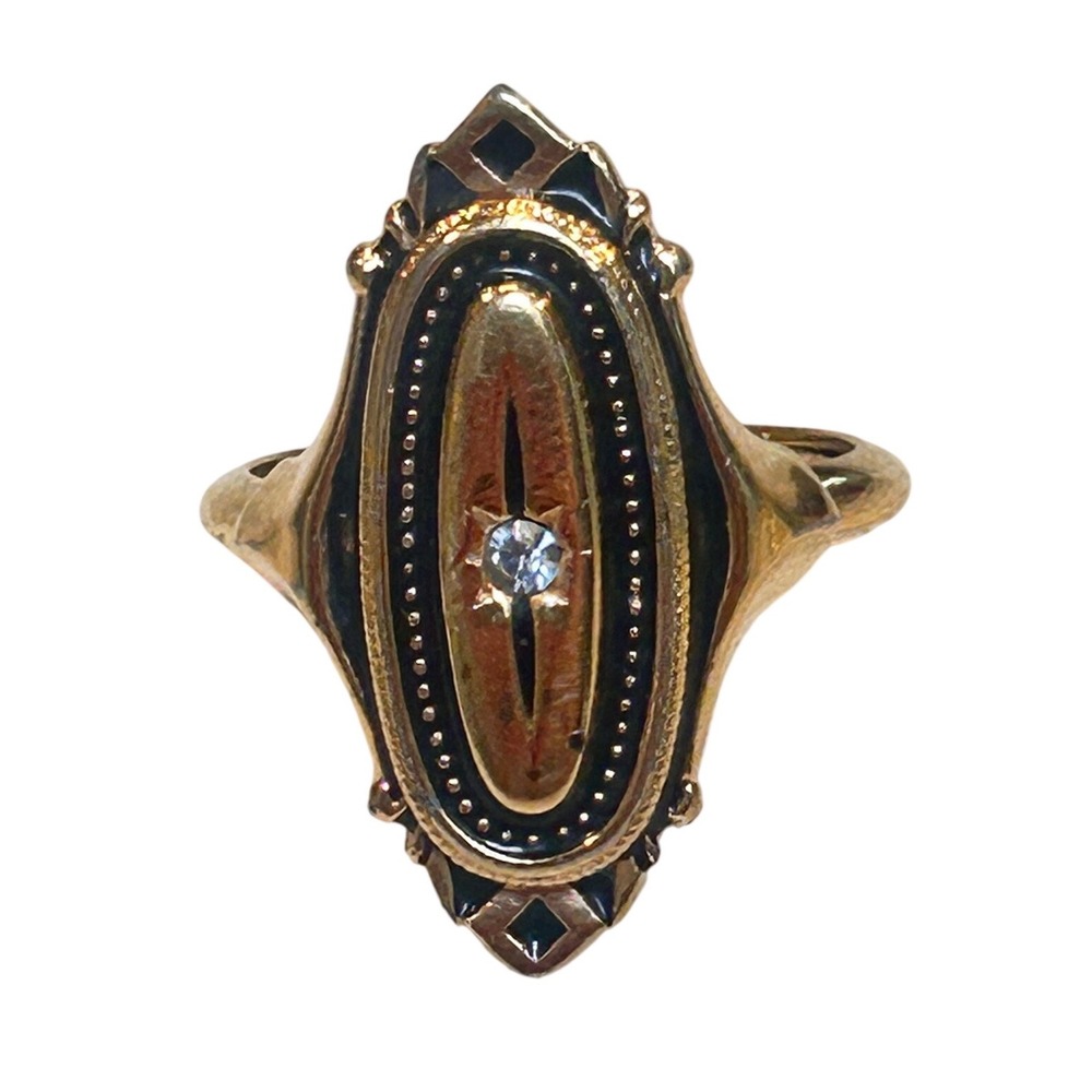 Vintage Avon Gold Tone Black Enamel Rhinestone Oval Shield Statement Ring SZ 6.5 - Picture 2 of 8